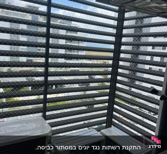 רשת מתכת על חלון למניעת כניסת יונים